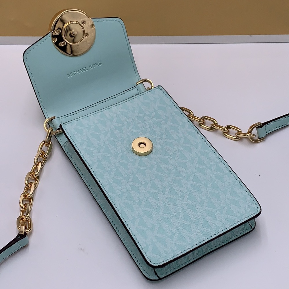 NWT MICHAEL KORS CARMEN SMALL NORTH SOUTH PHONE XBODY FAIR AQUA SIGNATURE COLOR - Picture 7 of 16